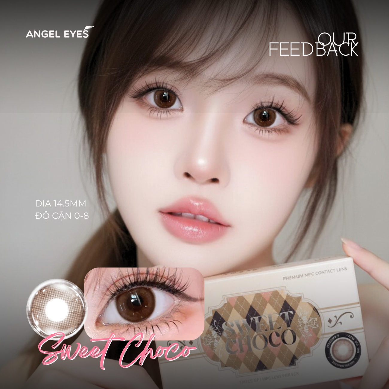 Lens nâu tự nhiên có độ Sweet Choco thương hiệu Angel Eyes đường kính 14.2mm | Độ cận 0-8