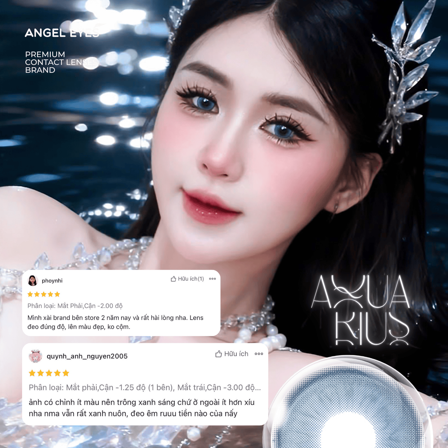 Lens xanh có độ cận N'Rosa Aquarius cho mắt thở cao cấp Angel Eyes phân phối | Độ cận 0-8 | Chất liệu MPC siêu ẩm