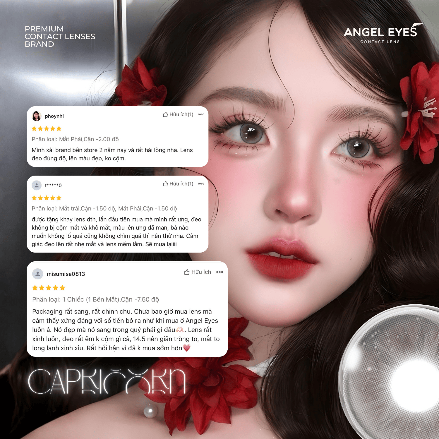 Lens xám có độ cận N'Rosa Capricon cho mắt thở cao cấp Angel Eyes phân phối | Độ cận 0-8 | Chất liệu MPC siêu ẩm