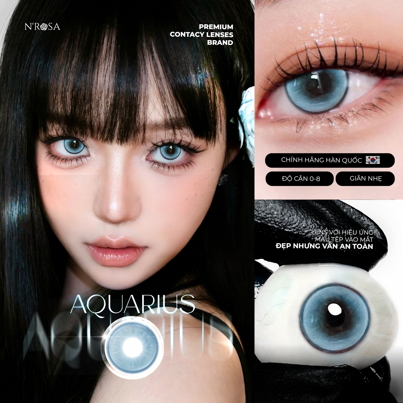 Lens xanh có độ cận N'Rosa Aquarius cho mắt thở cao cấp Angel Eyes phân phối | Độ cận 0-8 | Chất liệu MPC siêu ẩm