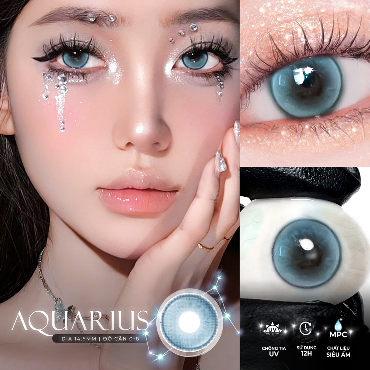 Lens xanh có độ cận N'Rosa Aquarius cho mắt thở cao cấp Angel Eyes phân phối | Độ cận 0-8 | Chất liệu MPC siêu ẩm