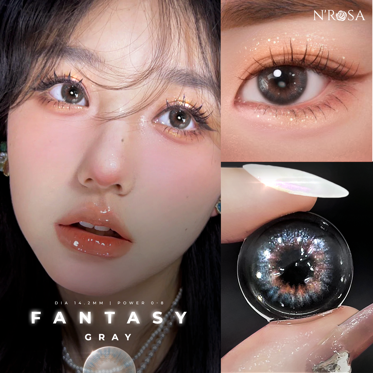 Lens xám có độ cận N’Rosa Fantasy Gray cho mắt thở cao cấp Angel Eyes phân phối | Độ cận: 0-8 | Chất liệu Silicone Hydrogel