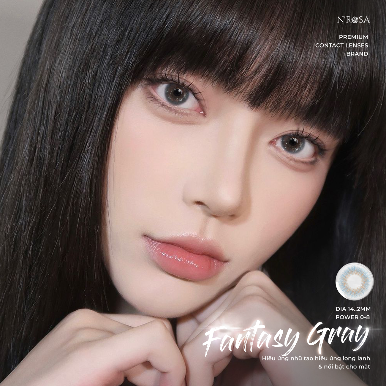 Lens xám có độ cận N’Rosa Fantasy Gray cho mắt thở cao cấp Angel Eyes phân phối | Độ cận: 0-8 | Chất liệu Silicone Hydrogel