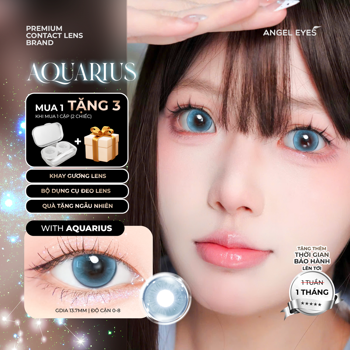 Lens xanh có độ cận N'Rosa Aquarius cho mắt thở cao cấp Angel Eyes phân phối | Độ cận 0-8 | Chất liệu MPC siêu ẩm