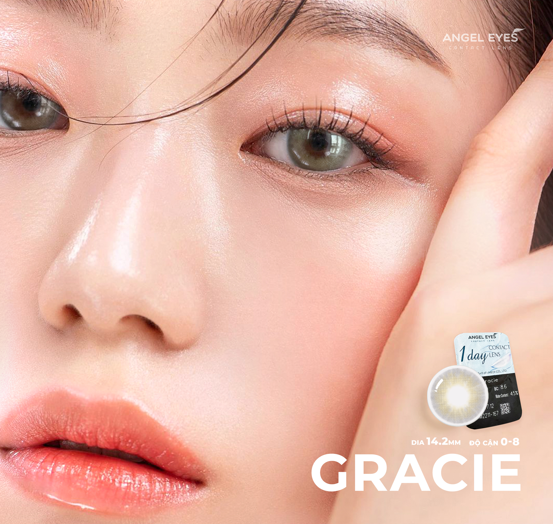 Lens 1 ngày màu có độ cận xám tây tự nhiên GRACIE siêu ẩm nhãn hiệu Angel Eyes Hàn Quốc - Đường kính 14.2mm - Độ cận 0-8