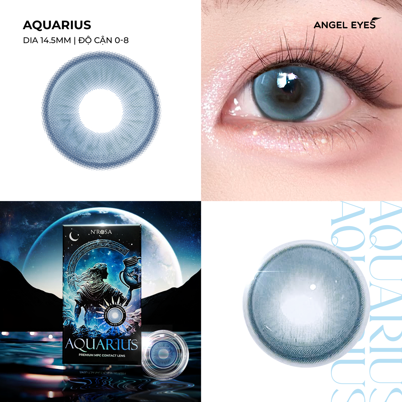 Lens xanh có độ cận N'Rosa Aquarius cho mắt thở cao cấp Angel Eyes phân phối | Độ cận 0-8 | Chất liệu MPC siêu ẩm