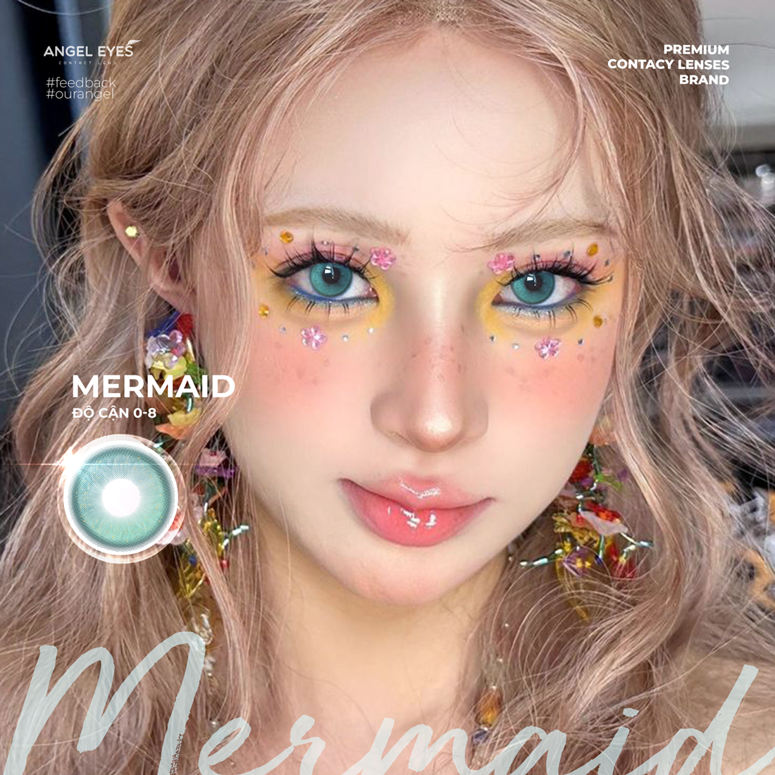 Lens xanh dương Mermaid thương hiệu Angel Eyes | Dia 14.5mm | GDia 13.7mm | Độ cận 0-8