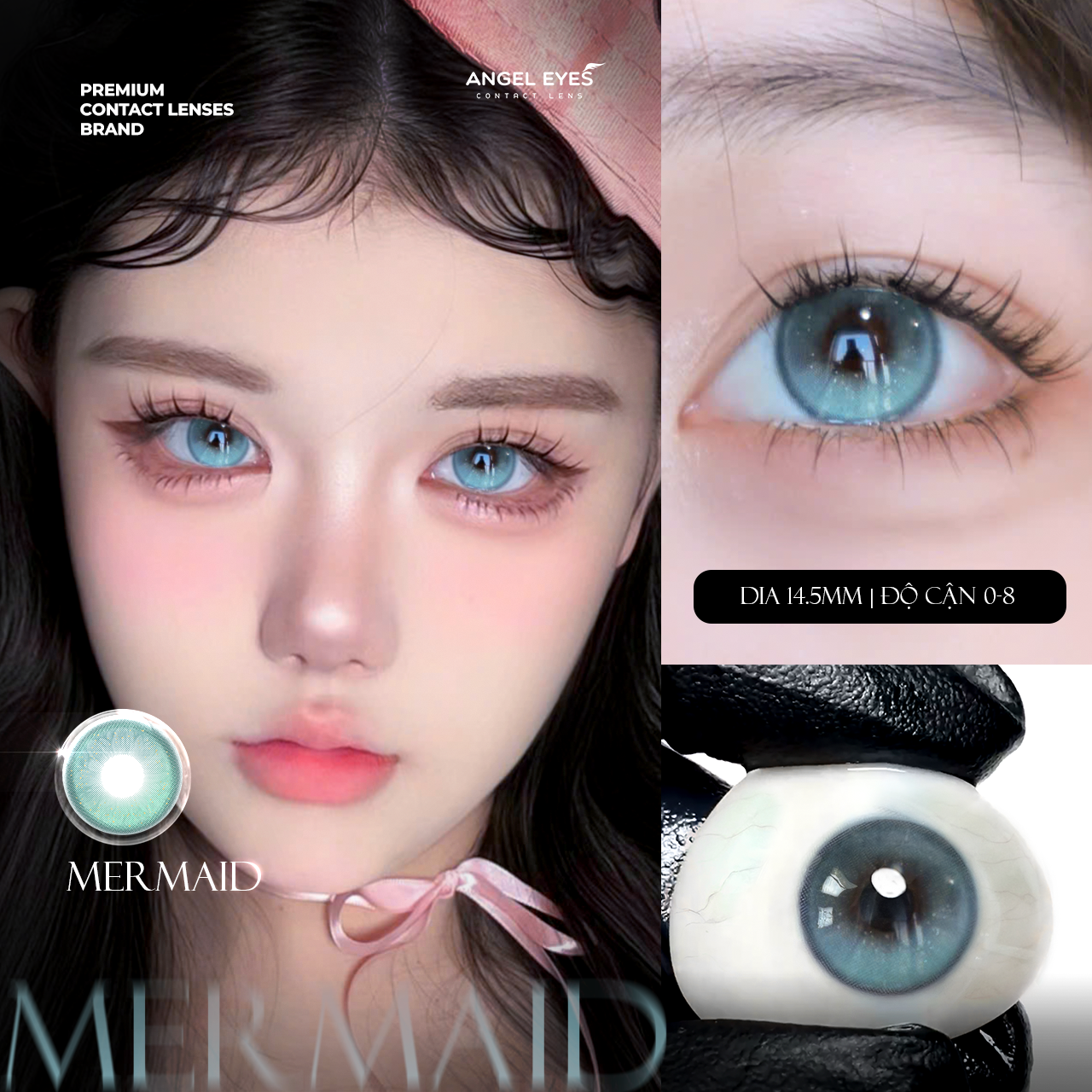 Lens xanh dương Mermaid thương hiệu Angel Eyes | Dia 14.5mm | GDia 13.7mm | Độ cận 0-8