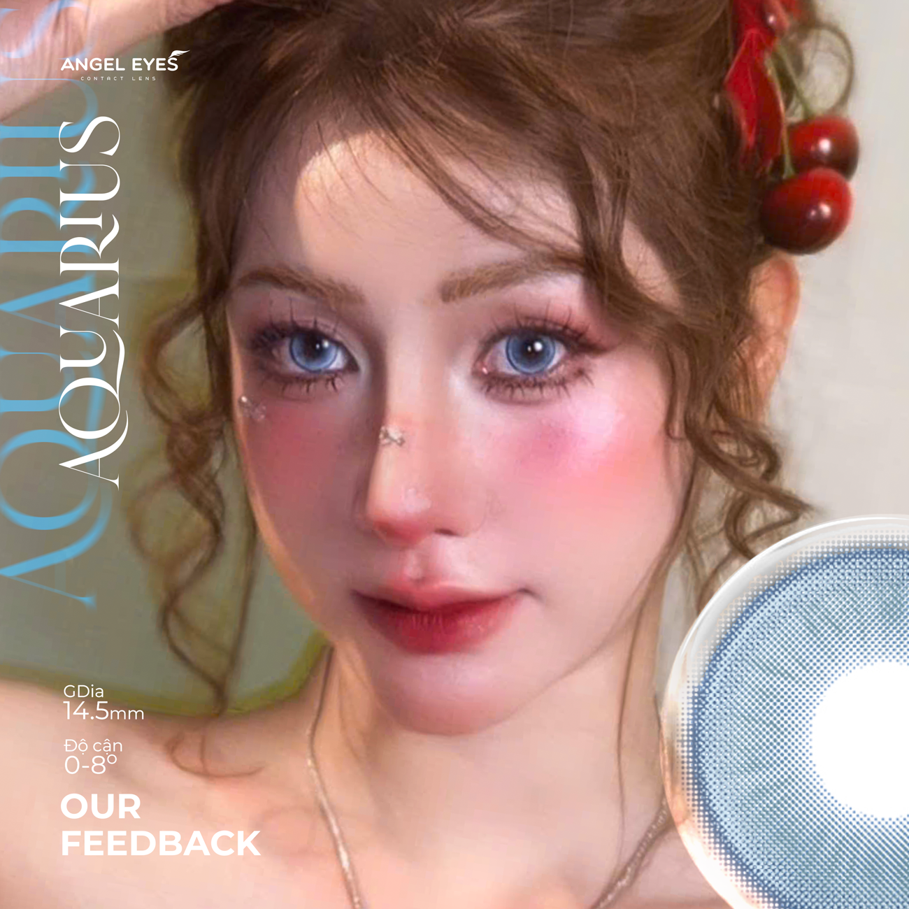 Lens xanh có độ cận N'Rosa Aquarius cho mắt thở cao cấp Angel Eyes phân phối | Độ cận 0-8 | Chất liệu MPC siêu ẩm