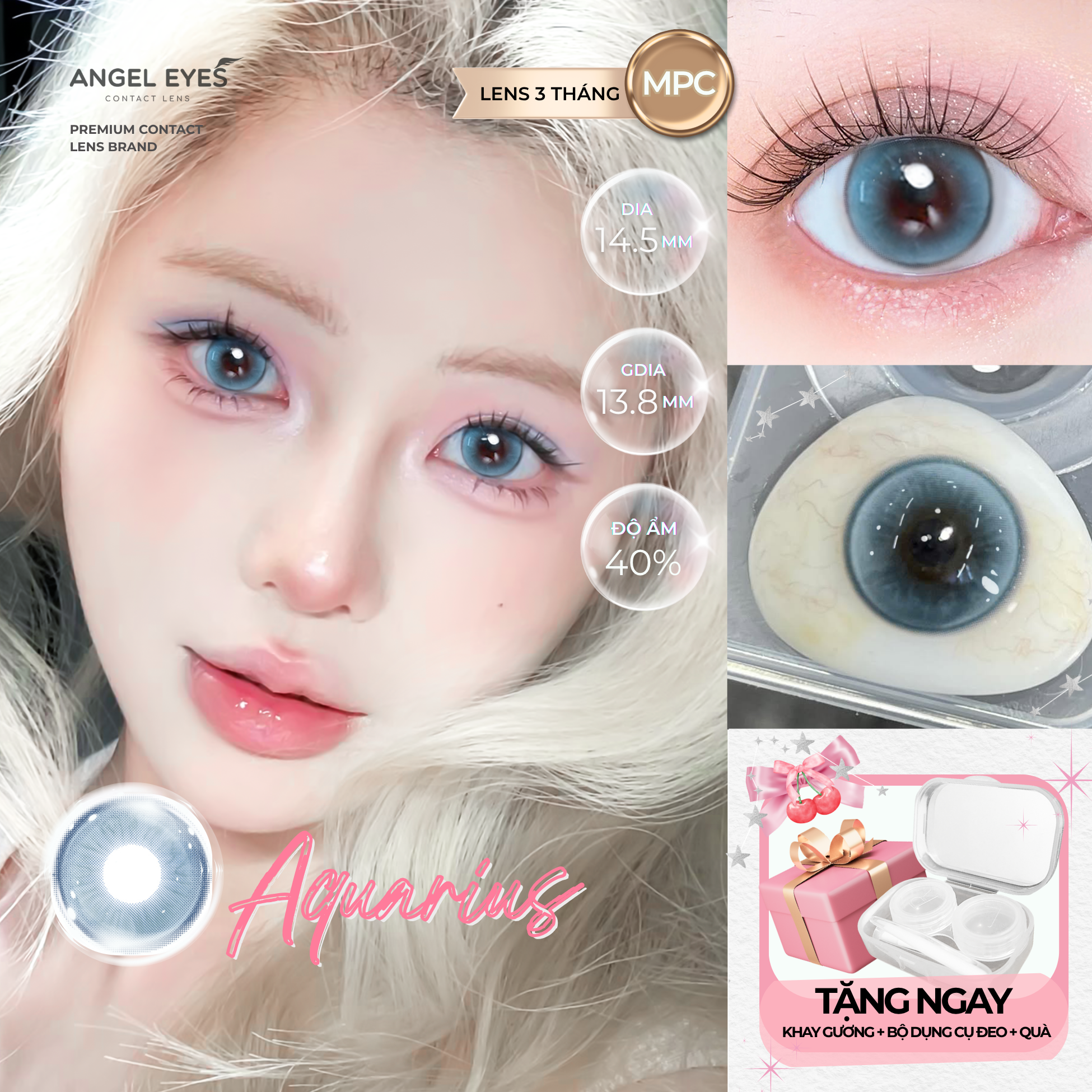 Lens xanh có độ cận N'Rosa Aquarius cho mắt thở cao cấp Angel Eyes phân phối | Độ cận 0-8 | Chất liệu MPC siêu ẩm