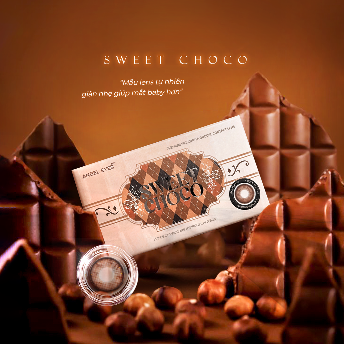 Lens nâu tự nhiên có độ Sweet Choco thương hiệu Angel Eyes đường kính 14.2mm | Độ cận 0-8