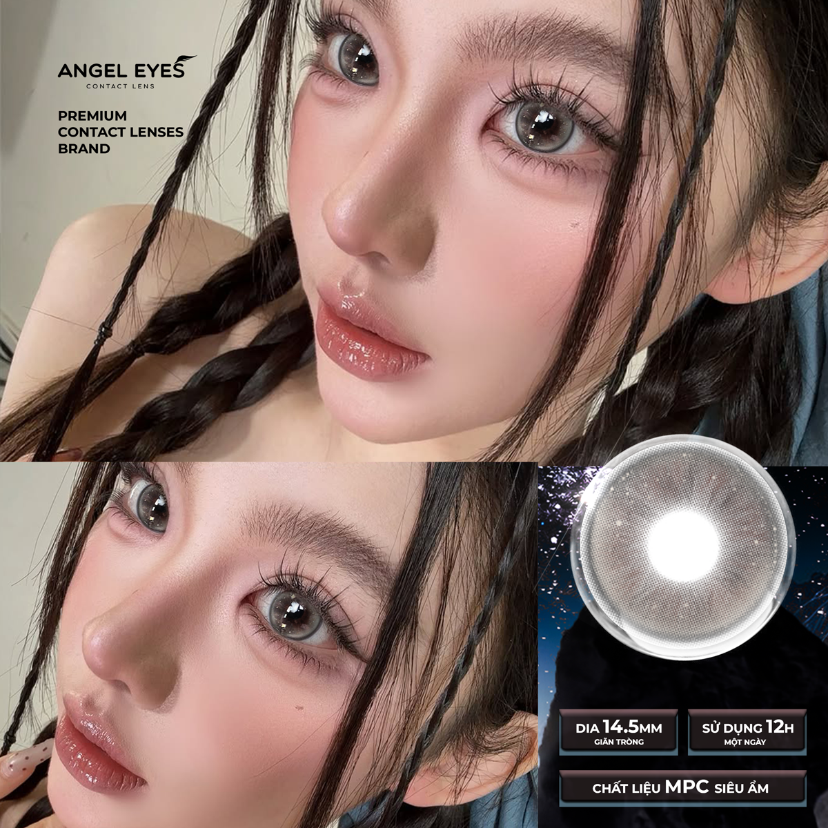 Lens xám có độ cận N'Rosa Capricon cho mắt thở cao cấp Angel Eyes phân phối | Độ cận 0-8 | Chất liệu MPC siêu ẩm