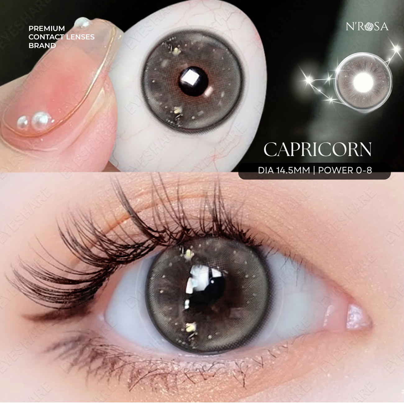 Lens xám có độ cận N'Rosa Capricon cho mắt thở cao cấp Angel Eyes phân phối | Độ cận 0-8 | Chất liệu MPC siêu ẩm