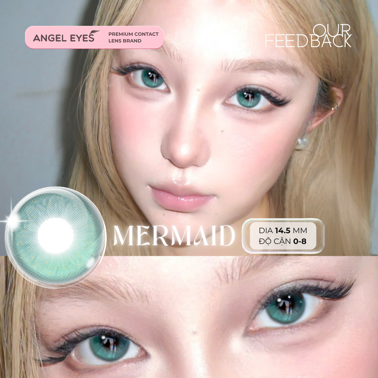 Lens xanh dương Mermaid thương hiệu Angel Eyes | Dia 14.5mm | GDia 13.7mm | Độ cận 0-8
